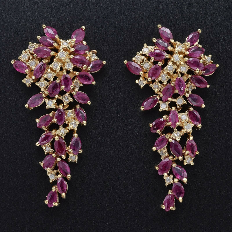 Vintage 14K Yellow Gold Ruby & 0.60TCW Diamond Large Cluster Drop Earrings