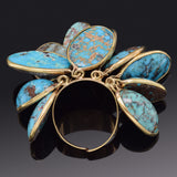 Antique 14K Gold Genuine Persian Turquoise Dangle Multi-Charm Band Ring 13.8Gr