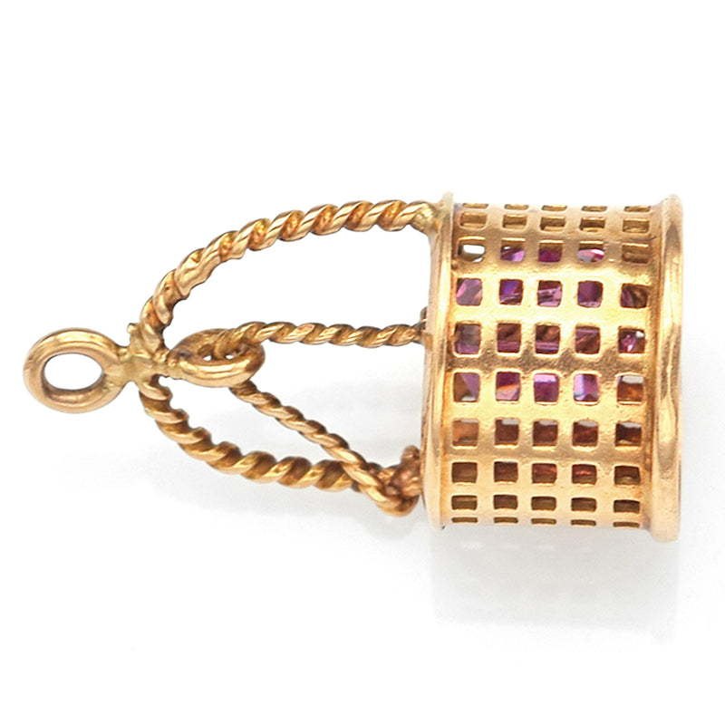 Vintage 14K Yellow Gold Pink Crystal Bucket Charm Pendant