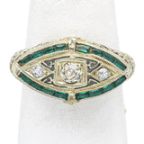 Antique 18K White Gold Diamond & Green Paste Art Deco Band Ring