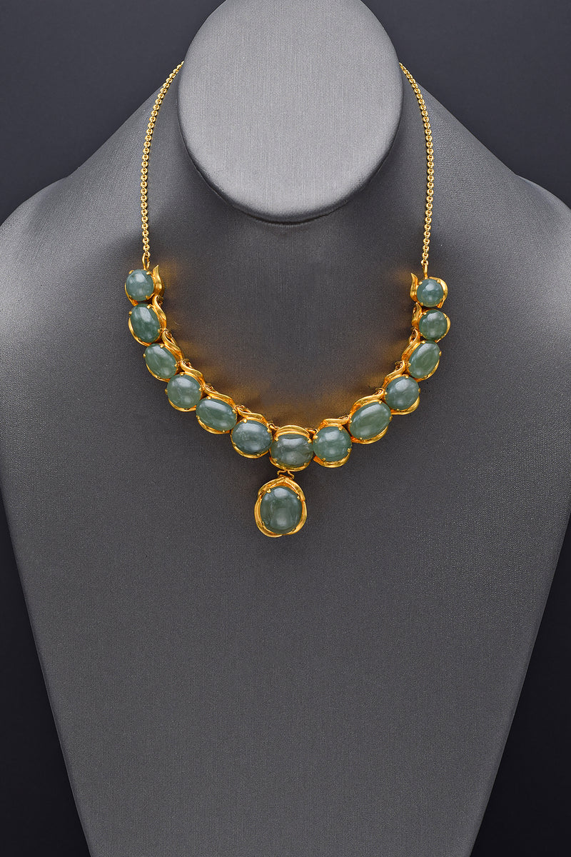 Vintage Gold Plated Translucent Green Jade Oval Cabochon Bib Statement Necklace