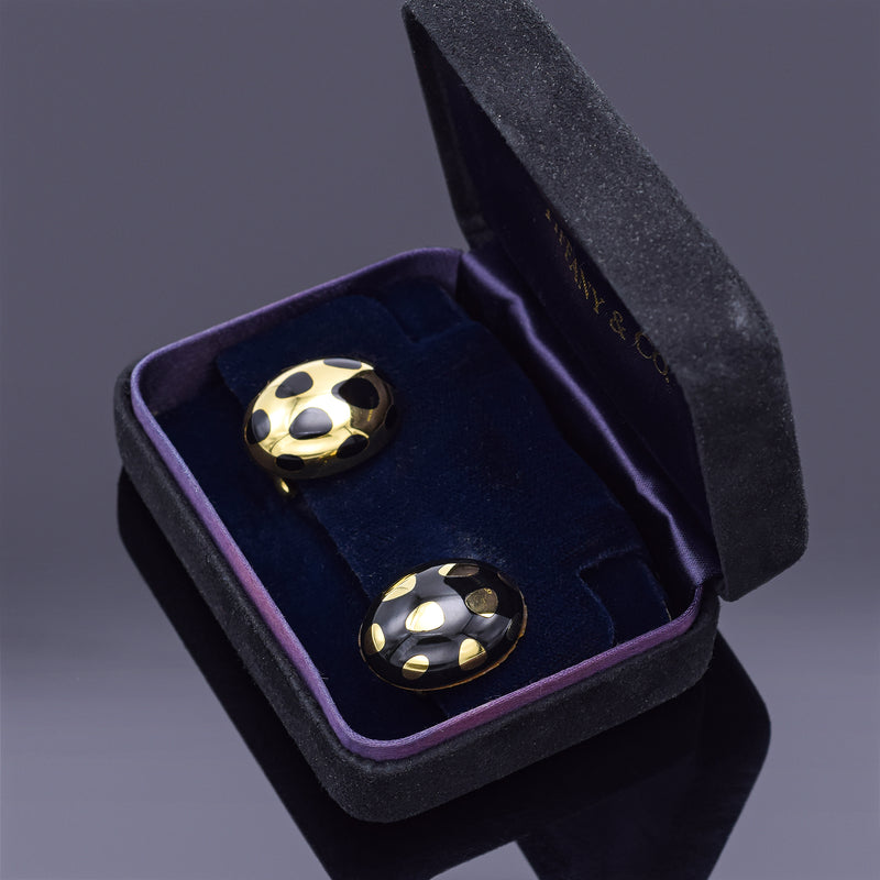 Tiffany & Co Angela Cummings 18K Gold Positive Negative Black Jade Earrings +Box