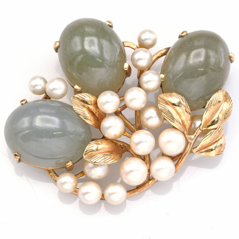 Ming's 14K Yellow Gold 48.99 TCW Green Jade & Sea Pearl Leaf Brooch Pin