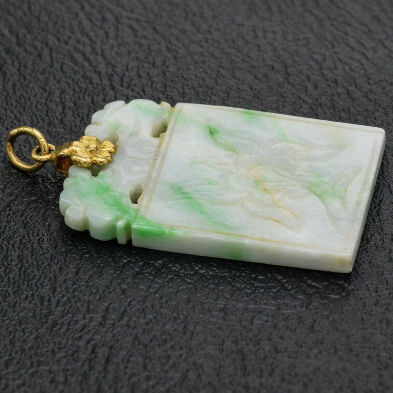 Antique 22K Yellow Gold Green Jade Carved Reversible Lucky Pendant