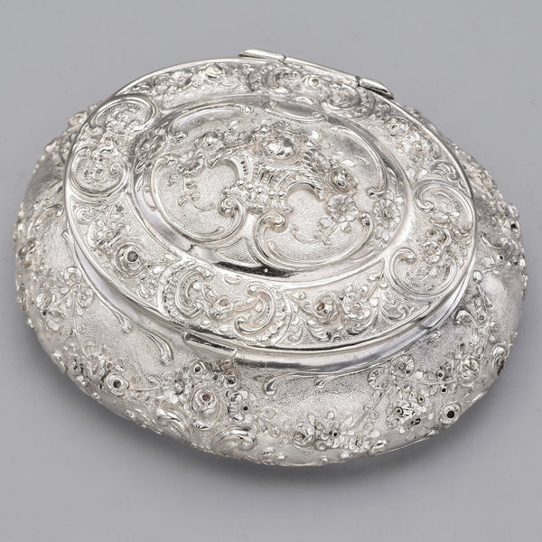 Antique 800 Silver Floral Etched Oval Box Case