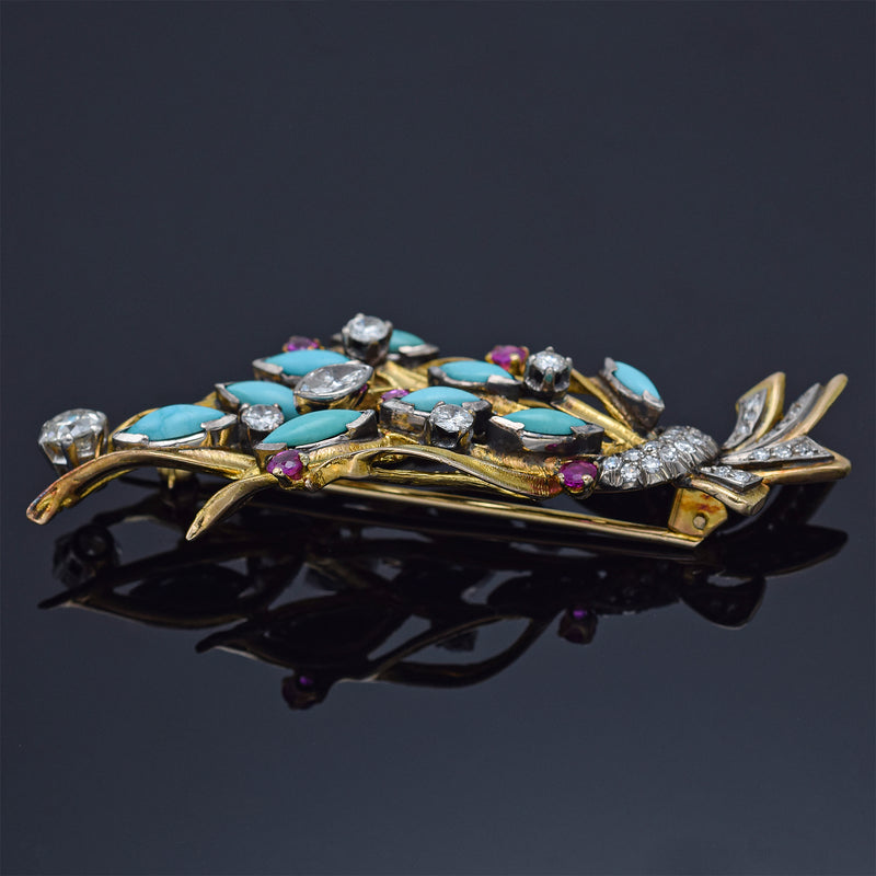 Vintage 14K Yellow Gold Turquoise, Ruby & 1.87 TCW Diamond Brooch Pin 14.0G