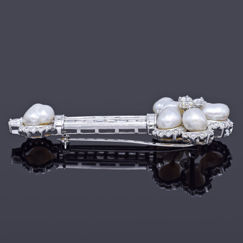 Vintage 18K White Gold Baroque Pearl & 3.89 TCW Diamond Key Brooch Pin 15.4G