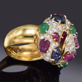 Vintage 18K Gold Sapphire Ruby Emerald & 3.77 TCW Diamond Cluster Cocktail Ring