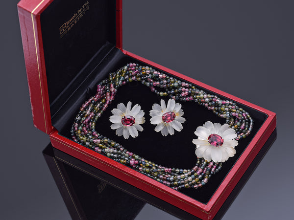 Vintage 18K Gold Tourmaline & Frosted Quartz Floral Earrings & Brooch Necklace