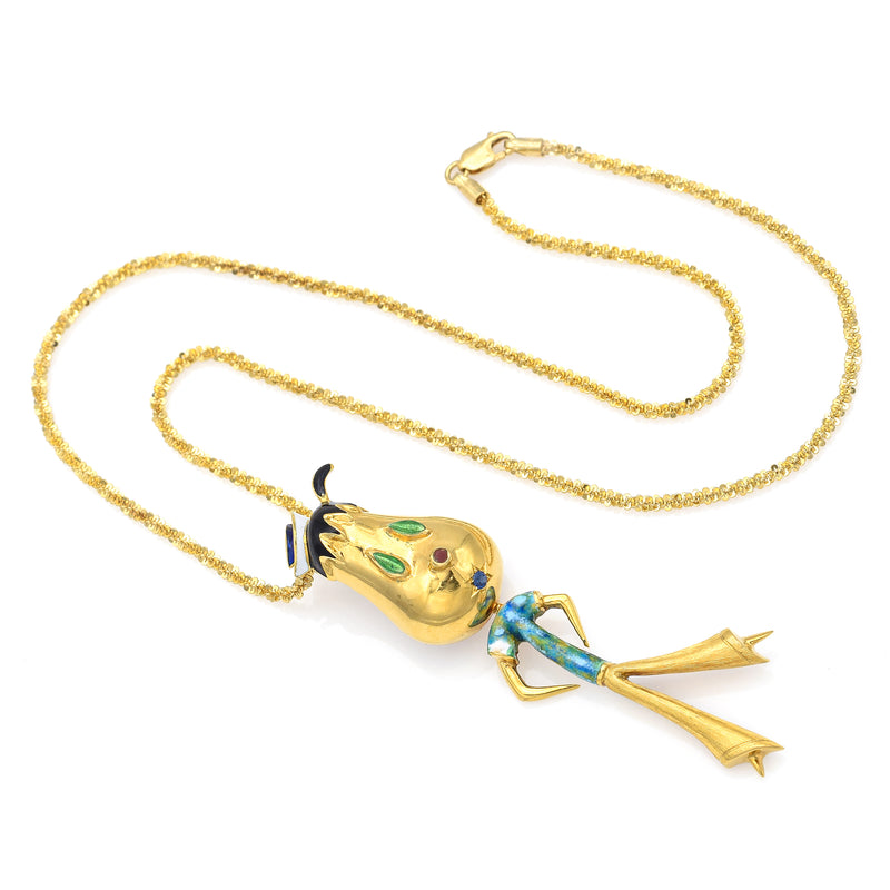 Vintage Italy 18K Yellow Gold Sapphire Enamel Cartoon Figurine Pendant Necklace