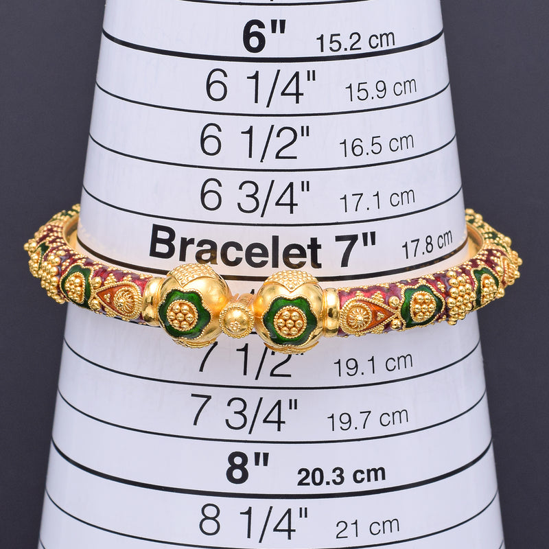 Estate 22K Yellow Gold Red & Green Enamel Screw Hinged Bangle Bracelet 28.7G