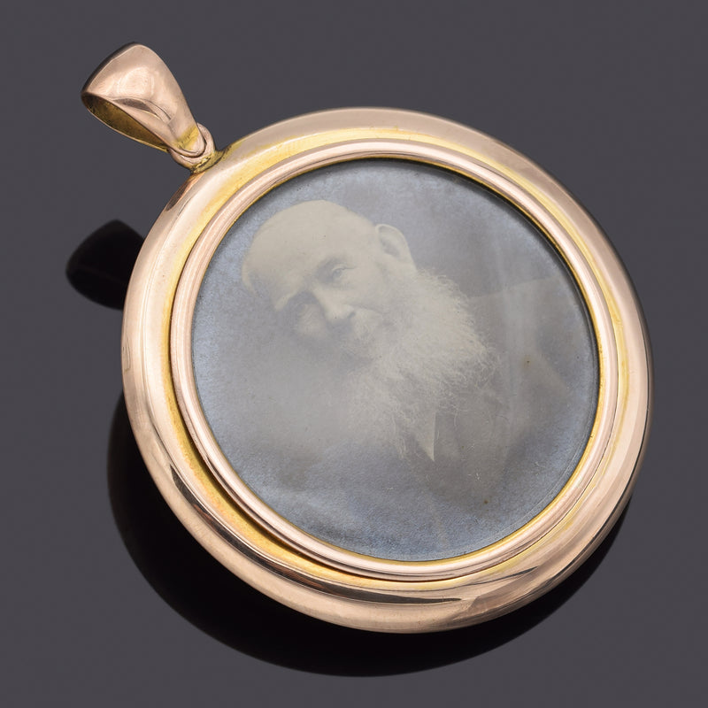 Antique English 9K Yellow Gold Round Reversible Open Face Locket Pendant