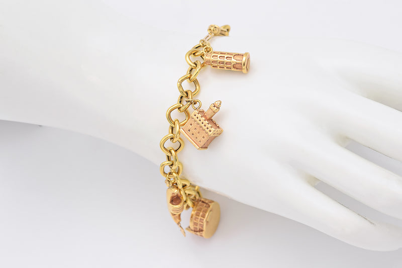 ARTLINEA 18K Gold Colosseum, Pisa Tower, Eiffel Tower, Big Ben, Windmill, Castle, Boat 7 Charms Rosato Bracelet