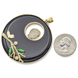 Vintage 14K Yellow Gold Onyx & Multi-Color Jade Kwan Yin, Bird & Branch Pendant
