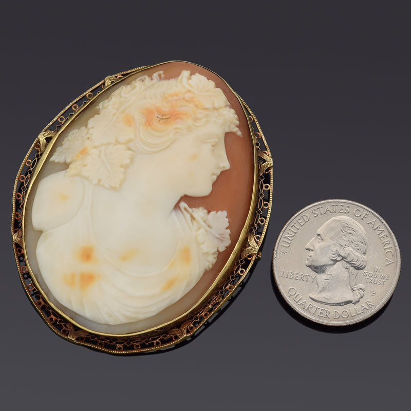 Antique 14K Yellow Gold Cameo Shell Oval Large Brooch Pin Pendant