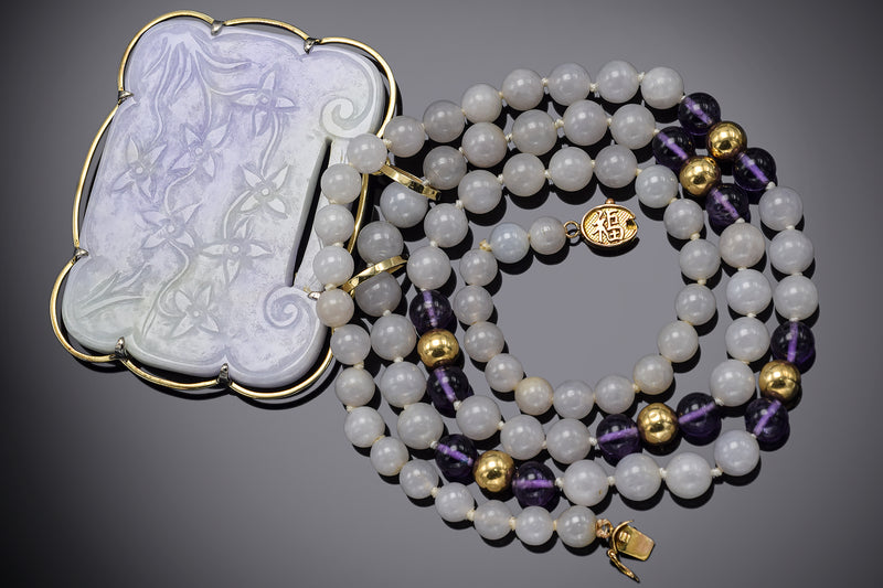 Vintage 14K Gold & Platinum Lavender Jade, Amethyst, Diamond Pendant Necklace