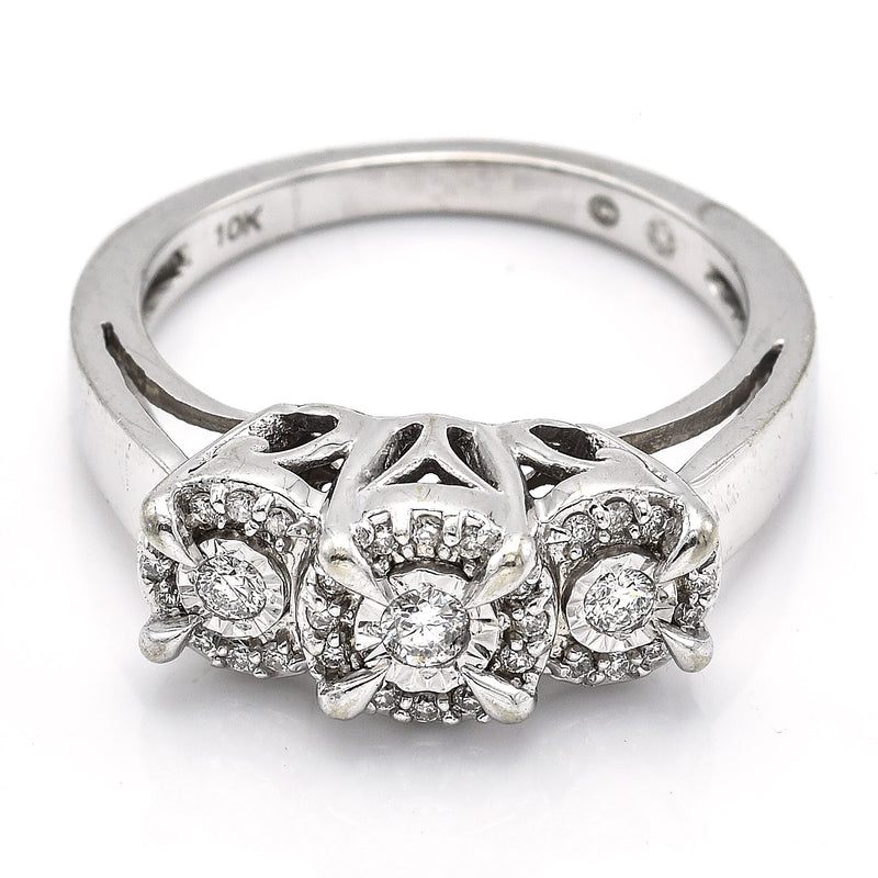 Vintage 10K White Gold Diamond Three-Stone Band Ring