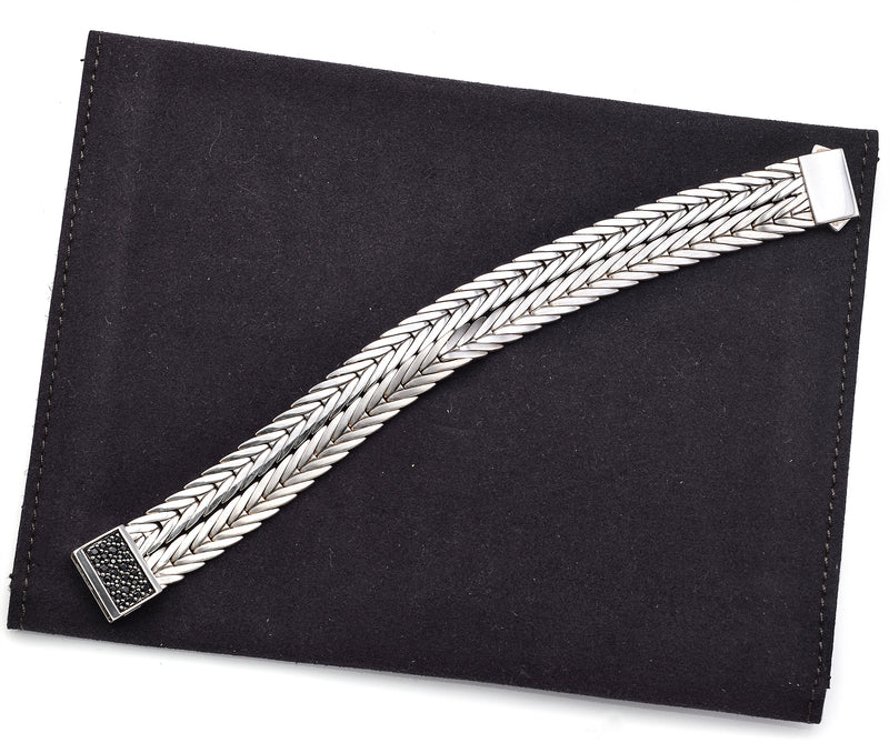 John Hardy Sterling Silver Black Sapphire Modern Double Row Bracelet + Pouch