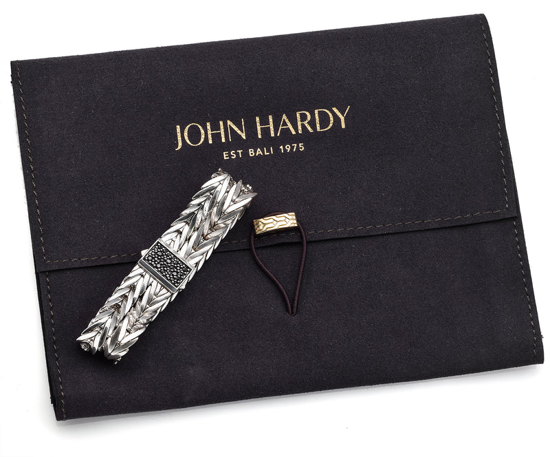 John Hardy Sterling Silver Black Sapphire Modern Double Row Bracelet + Pouch