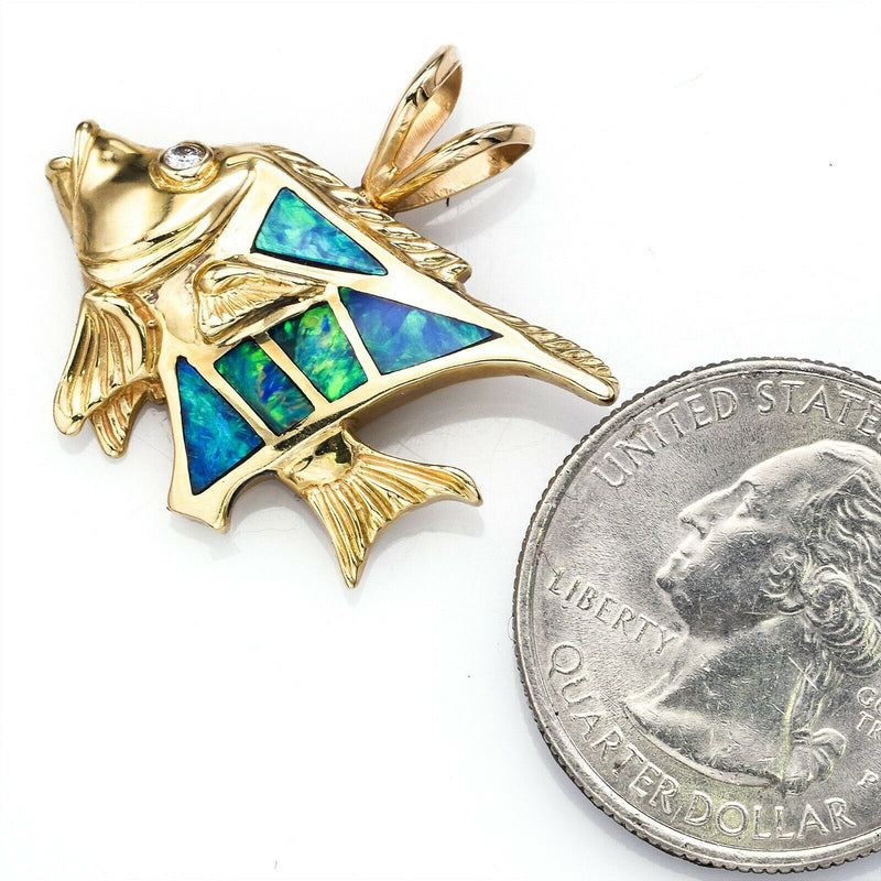 Vintage 14K Yellow Gold Multi-Color Opal & Diamond Fish Pendant