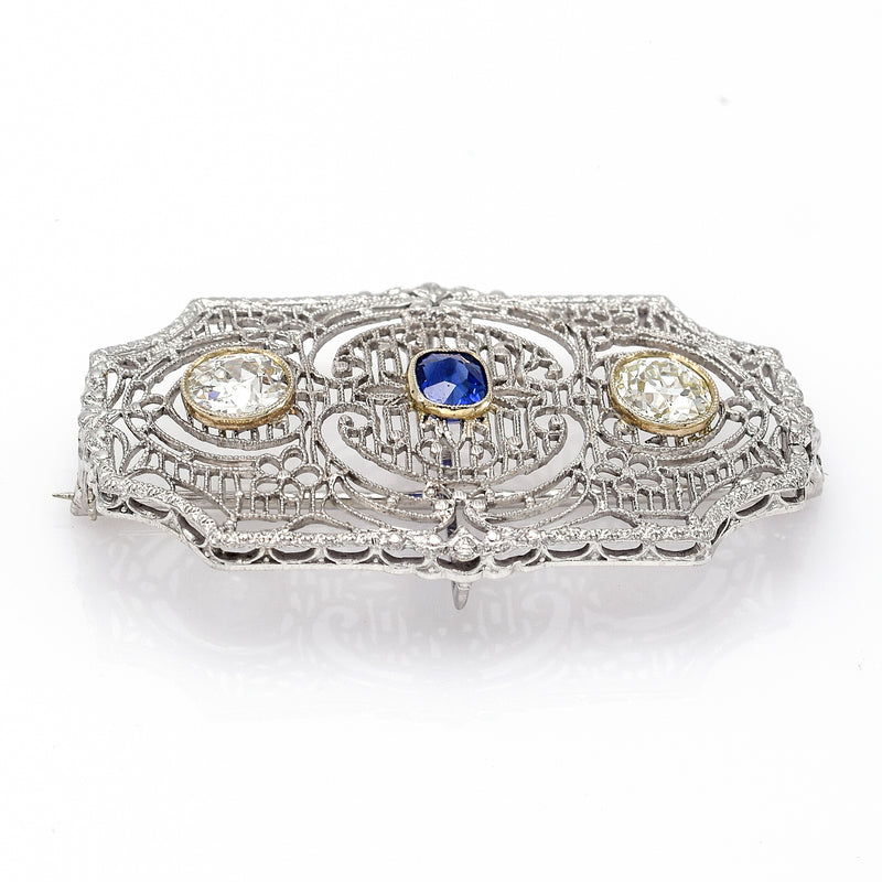 Antique 14K Gold & Platinum Sapphire & 0.98 TCW Diamond Art Deco Brooch Pin