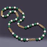 Vintage 18K Gold Green Venetian Glass & Pearl Long Beaded Strand Necklace 32"