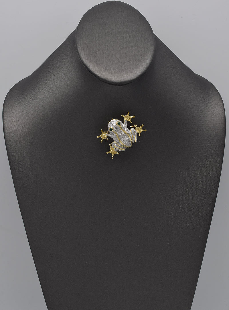 Vintage 14K Yellow Gold Emerald & 0.40 TCW Diamond Frog Brooch Pin Pendant