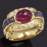 Vintage 14K Gold Natural Pink Tourmaline, Iolite & Diamond Band Ring