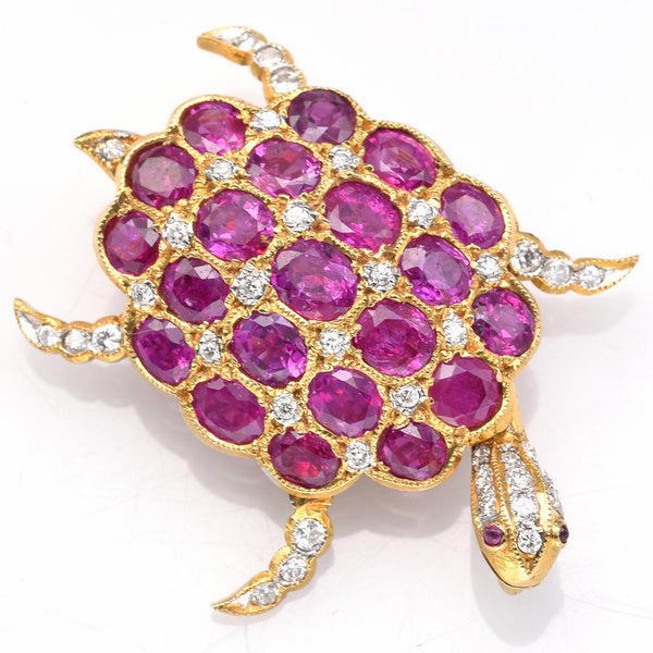 Vintage 22K Gold Ruby & Diamond Turtle Movable Brooch Pendant