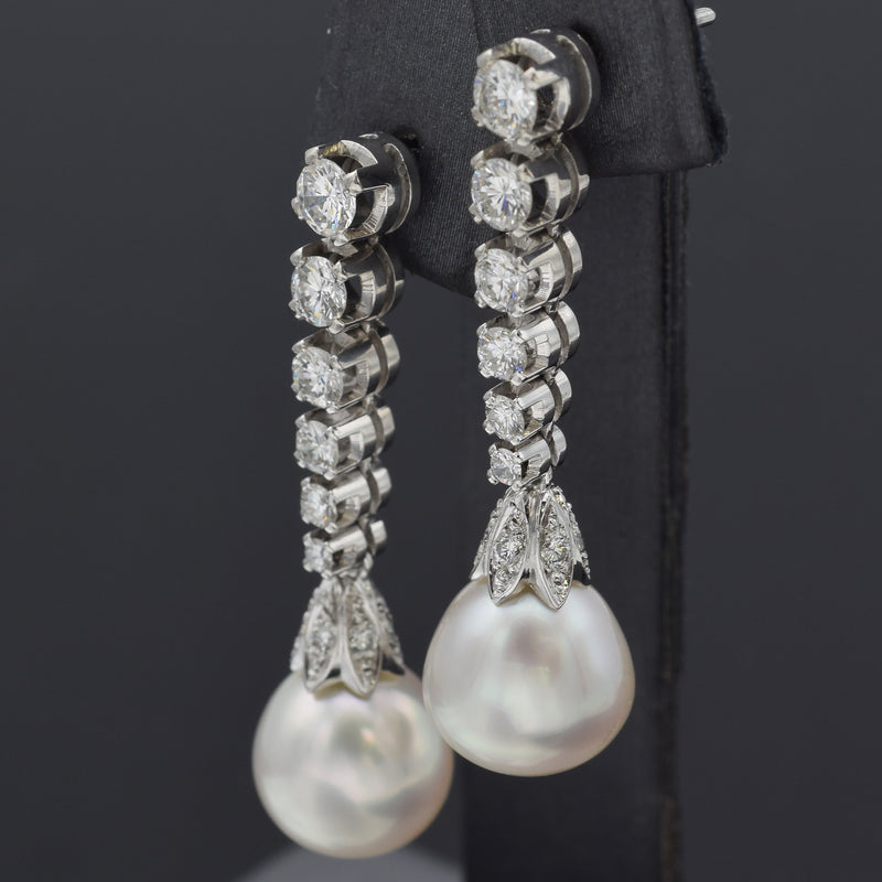 Estate 18K White Gold Sea Pearl & 1.48 TCW Diamond Drop Earrings