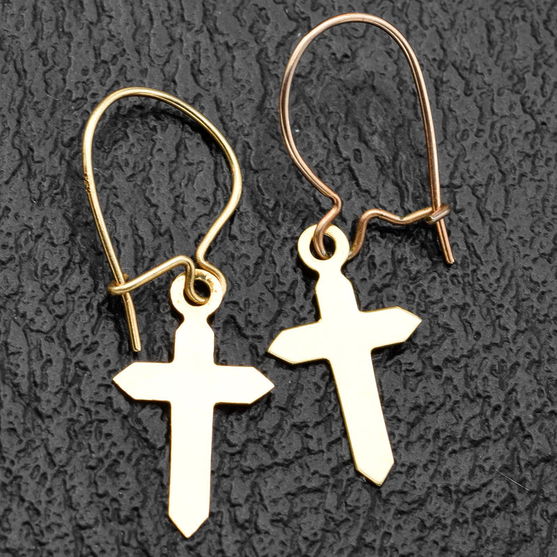 Vintage 14K Yellow Gold Cross Dangle Kidney-Wire Earrings