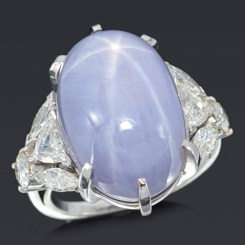 GIA Certified Platinum 32.02 Ct Natural Star Sapphire & 1.70 TCW Diamond Cocktail Ring