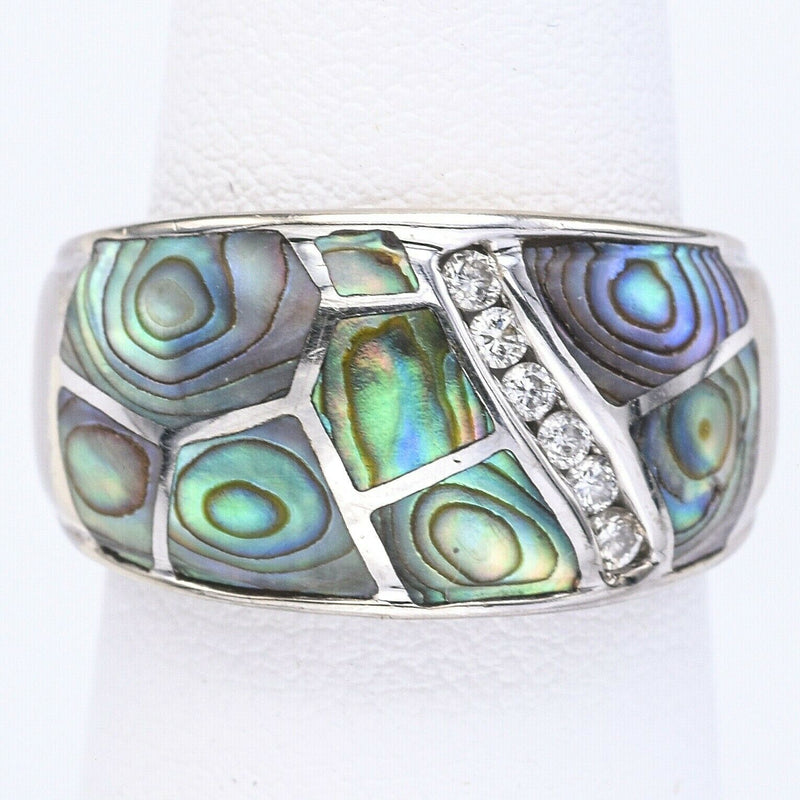 Vintage 14K White Gold Abalone & Diamond Band Ring