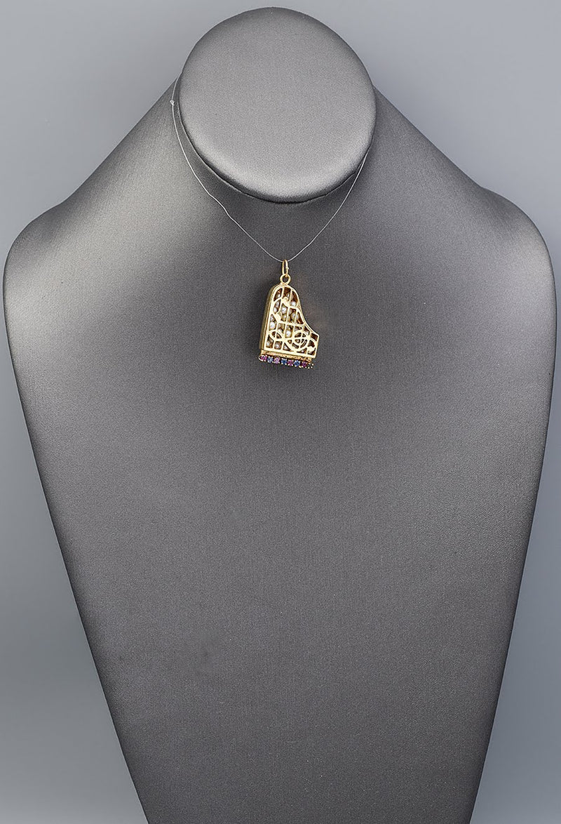 Vintage 14K Yellow Gold Sapphire, Ruby & Pearl Piano Charm Pendant