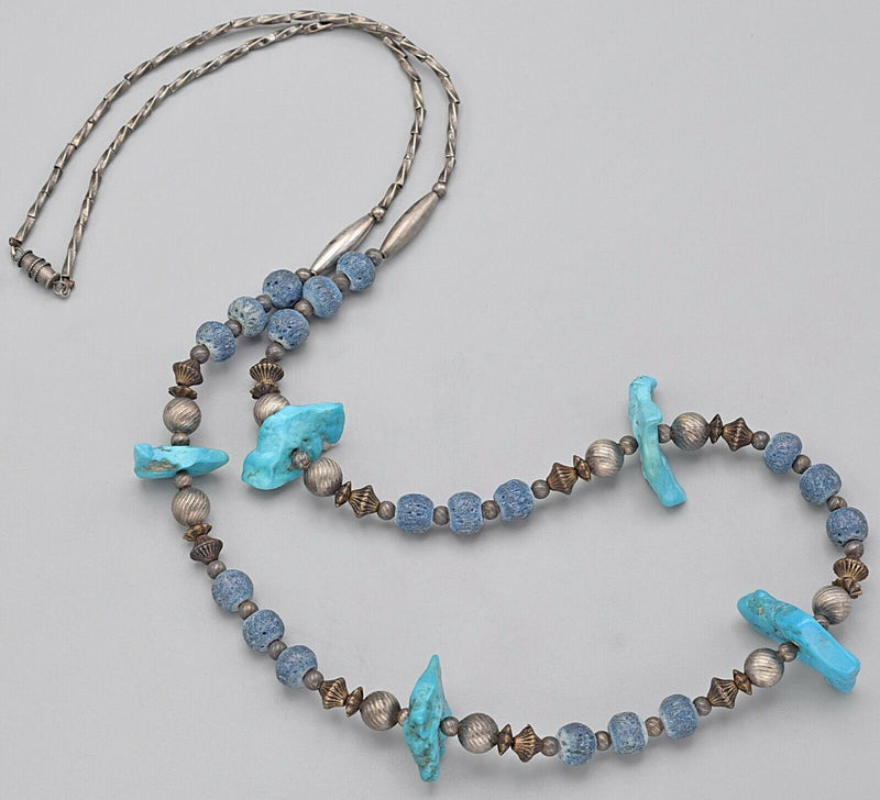 Vintage Sterling Silver Blue Coral & Turquoise Beaded Strand Necklace