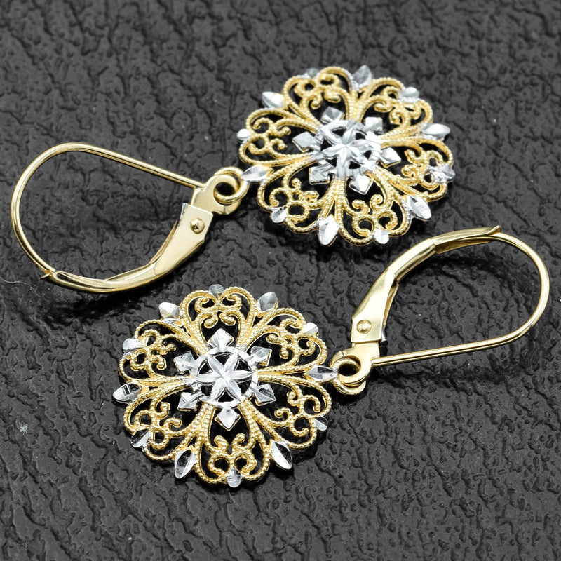 Vintage 14K Yellow & White Gold Snowflake Filigree Dangle Lever-Back Earrings