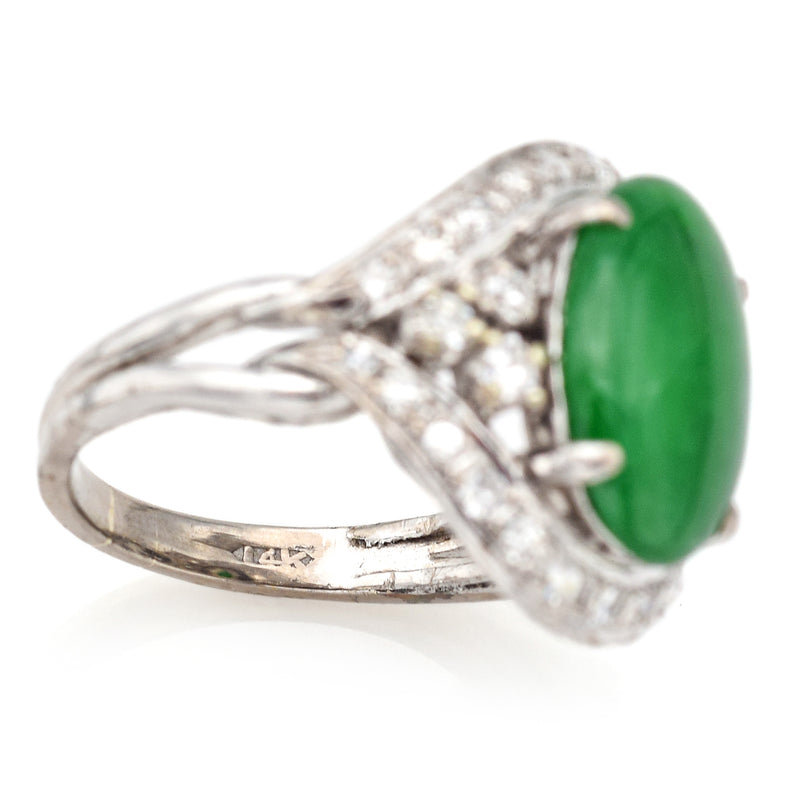 Vintage 14K White Gold 3.37 Ct Imperial Green Jade & 0.61 TCW Diamond Oval Ring