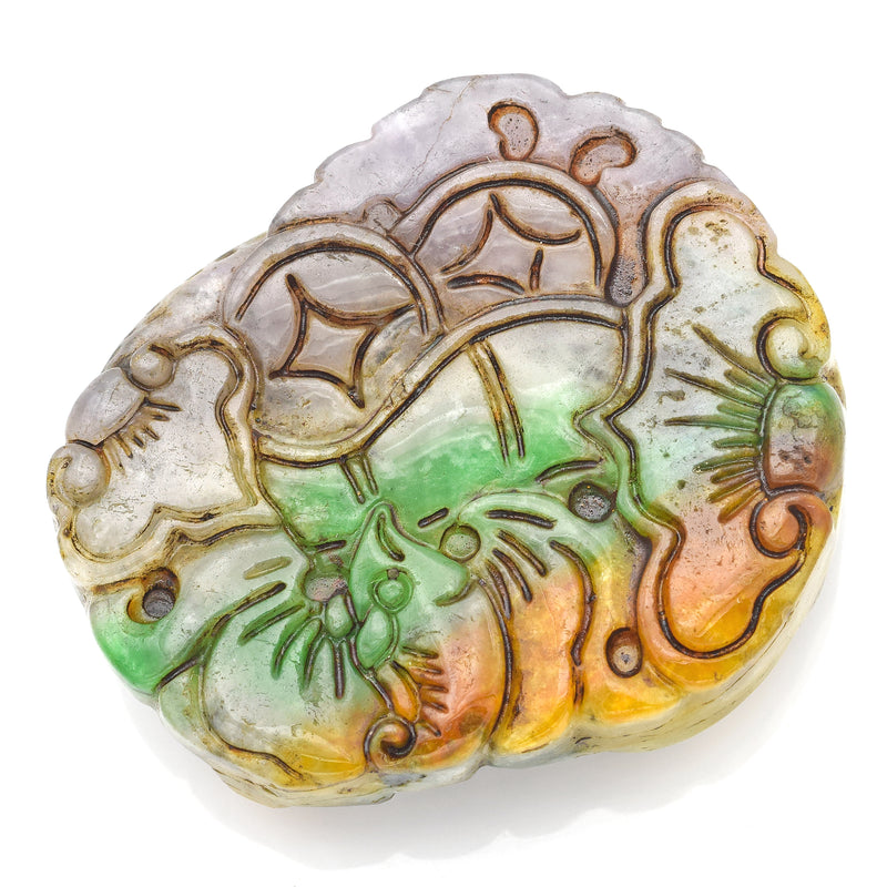 Vintage Lavender Orange & Green Jade Carved Monkey & Peaches Loose Stone Pendant
