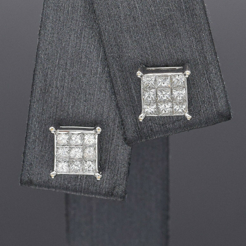 Estate 18K White Gold 0.36 TCW Diamond 3-Row Square Stud Earrings 6.5 mm H VS-SI