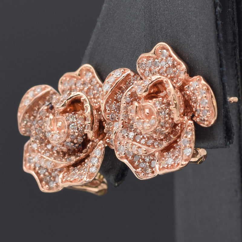 EFFY 14K Rose Gold 1.38 TCW Pave Diamond Rose Flower Omega-Back Earrings