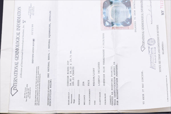 GIA IGI Certified 14K Gold 189.21Ct Transparent Greenish Blue Aquamarine Pendant