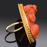 Antique JSG Signed 18K Yellow Gold Red Coral Cameo Cocktail Ring 17.4 Grams