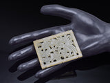 Antique 14K Gold Mutton Fat Jade Floral Bird Carved Rectangle Plaque Brooch Pin
