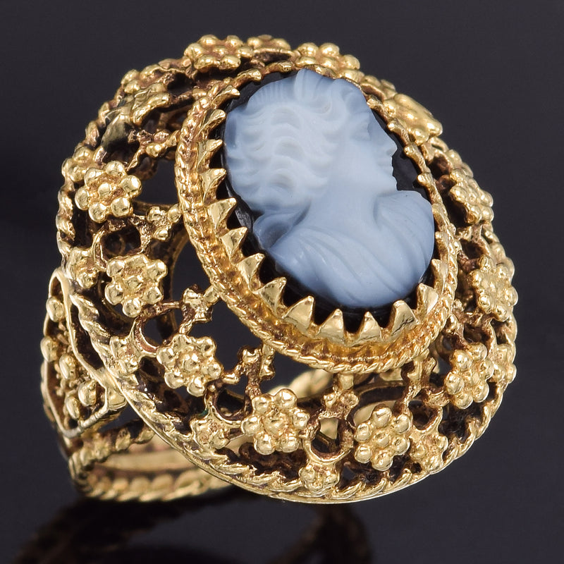 Antique Victorian 14K Yellow Gold Onyx Cameo Cocktail Ring