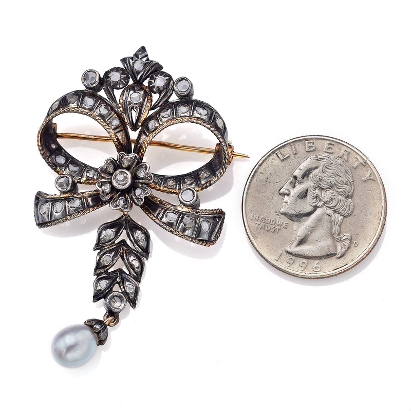 Antique 14K Gold & Sterling Silver Sea Pearl & 0.75 TCW Rose Cut Diamond Brooch