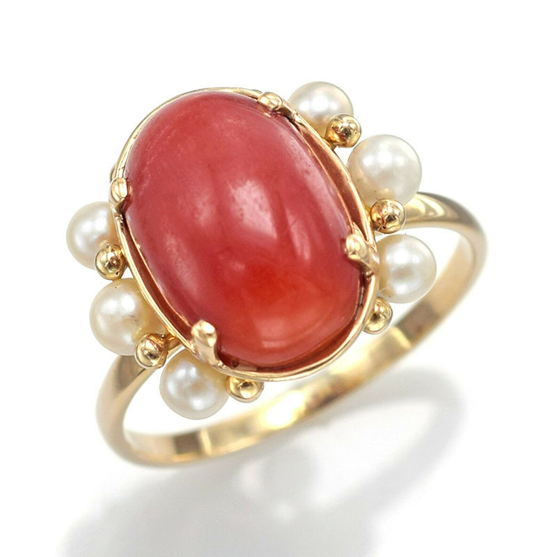 Ming's Vintage 14K Yellow Gold Red Coral & Sea Pearl Band Ring