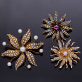Lot of 3 Antique 14K & 10K Gold Pearl, Opal & Ruby Sunburst Brooch Pin Pendant