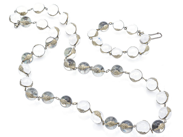 Antique Silver Plated Crystal Beaded Strand Necklace & Bracelet Set