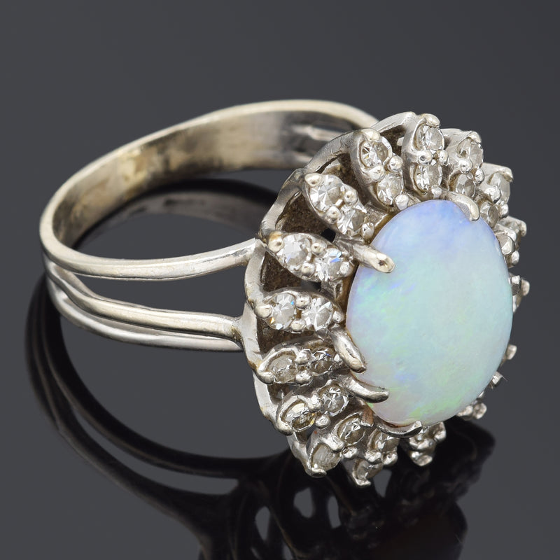 Vintage 14K White Gold 3.68 Ct Opal & 0.96 TCW Diamond Cocktail Ring