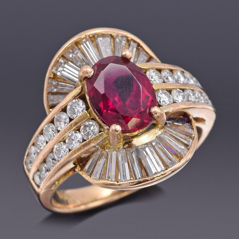 Vintage 18K Gold Lab Ruby & 1.28 TCW Diamond Cocktail Ring 6.3Gr Size 4 G/H VS